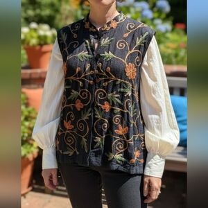 The Vermont Store Rayon Linen Blend Embroidered Botanical Fall Vest
